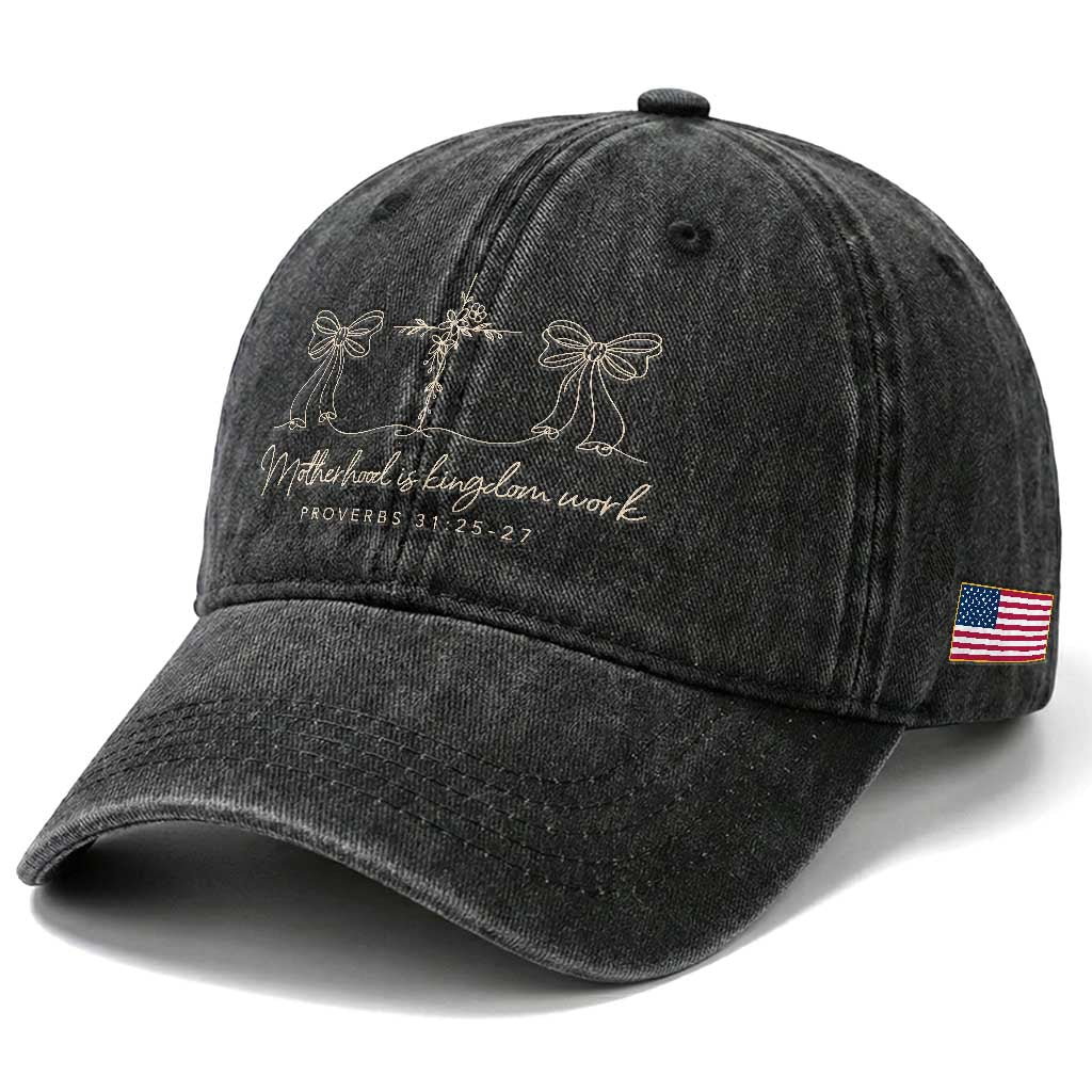 Motherhood Is Kingdom Work Washed Cotton Baseball Cap Cute Christian Mom Mothers Day Coquette Bow Cross