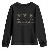 Motherhood Is Kingdom Work Youth Sweatshirt Cute Christian Mom Mothers Day Coquette Bow Cross