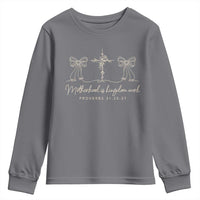 Motherhood Is Kingdom Work Youth Sweatshirt Cute Christian Mom Mothers Day Coquette Bow Cross