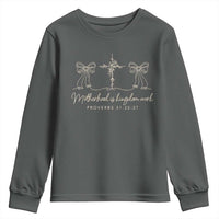 Motherhood Is Kingdom Work Youth Sweatshirt Cute Christian Mom Mothers Day Coquette Bow Cross