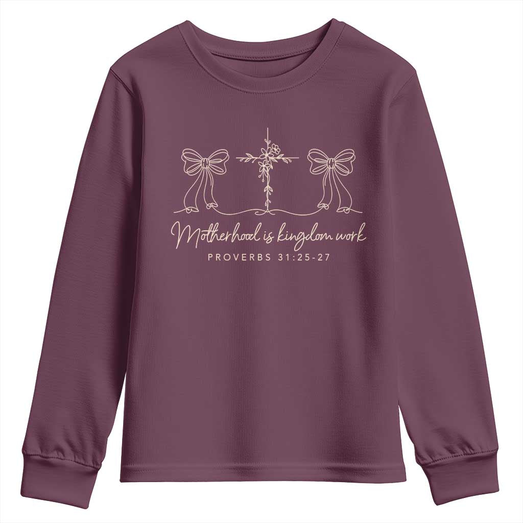 Motherhood Is Kingdom Work Youth Sweatshirt Cute Christian Mom Mothers Day Coquette Bow Cross