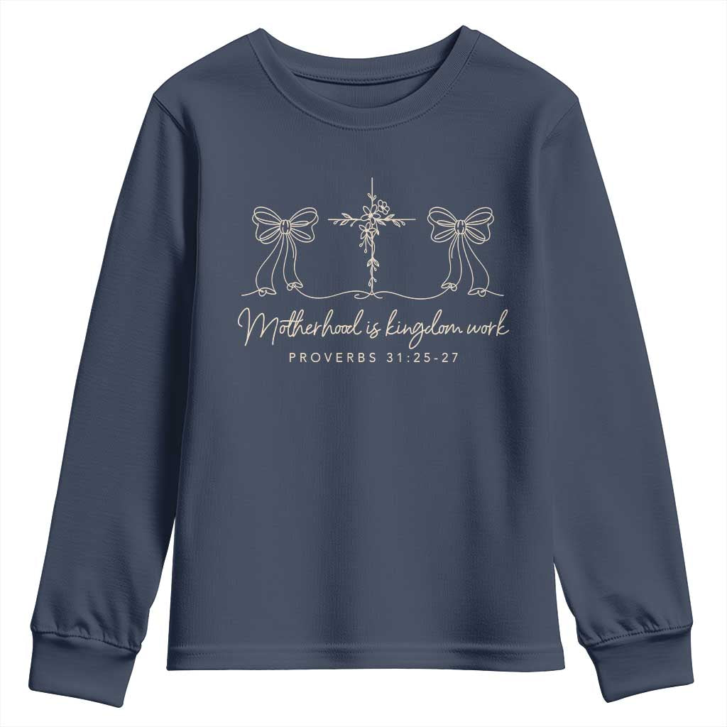 Motherhood Is Kingdom Work Youth Sweatshirt Cute Christian Mom Mothers Day Coquette Bow Cross