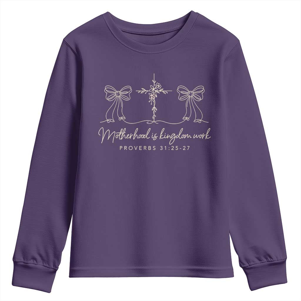 Motherhood Is Kingdom Work Youth Sweatshirt Cute Christian Mom Mothers Day Coquette Bow Cross