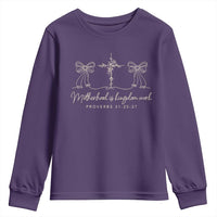 Motherhood Is Kingdom Work Youth Sweatshirt Cute Christian Mom Mothers Day Coquette Bow Cross