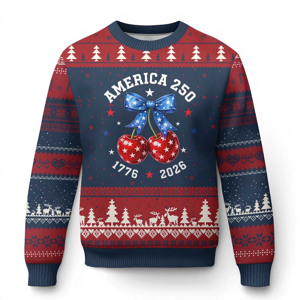 250 Anniversary USA Ugly Christmas Sweater Cherry Coquette Bow 4th Of July 1776 2026 250th Birthday