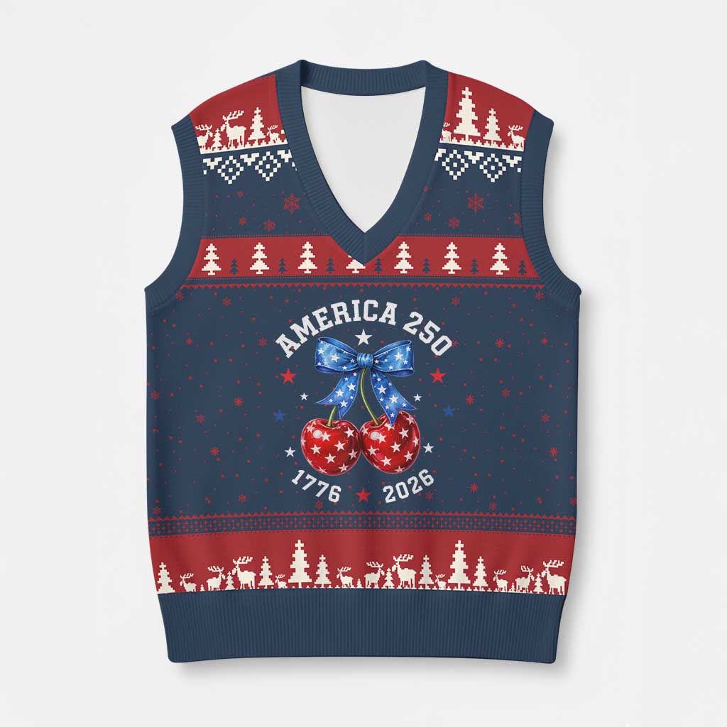 250 Anniversary USA V-Neck Knit Sweater Vest Cherry Coquette Bow 4th Of July 1776 2026 250th Birthday