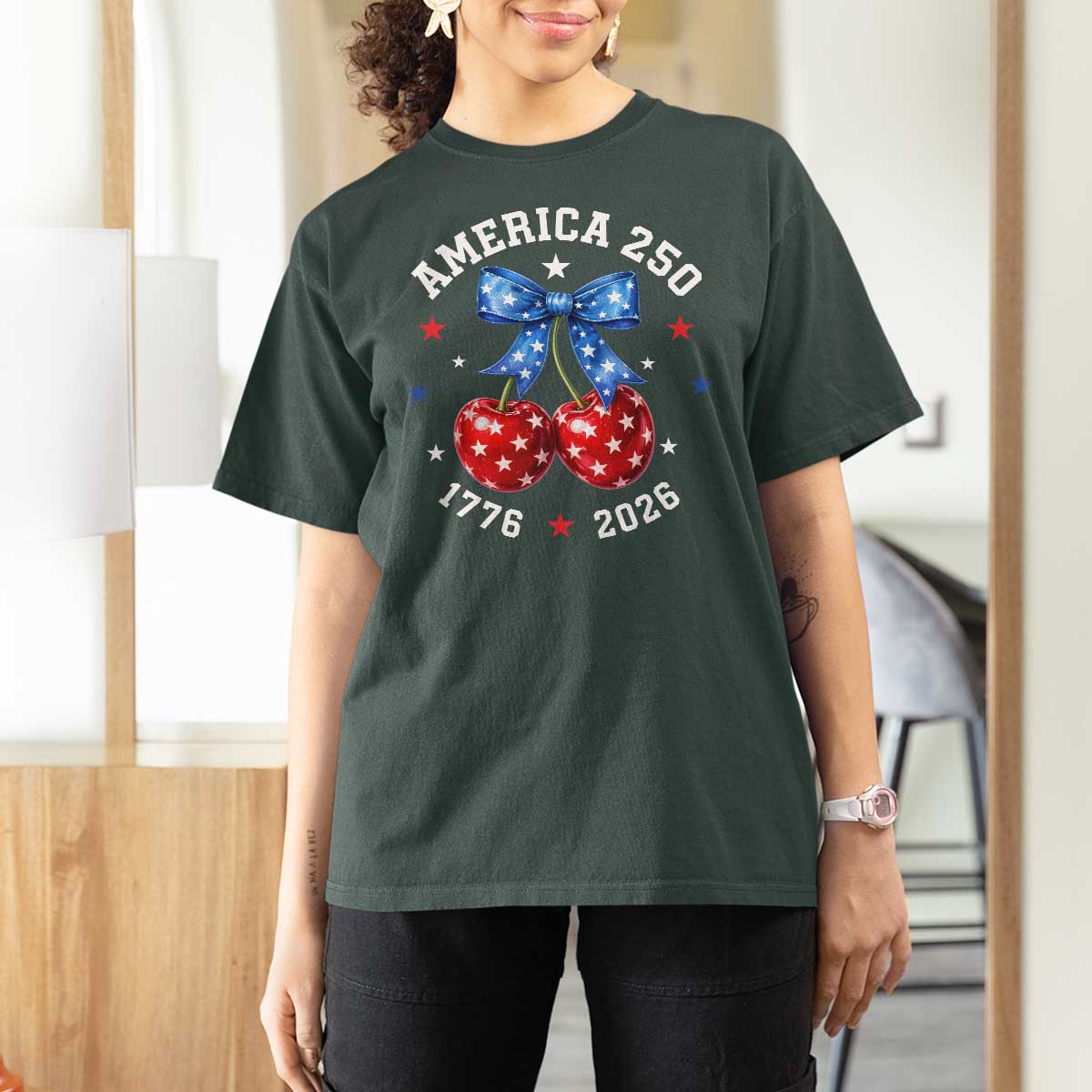 250 Anniversary USA T Shirt For Women Cherry Coquette Bow 4th Of July 1776 2026 250th Birthday