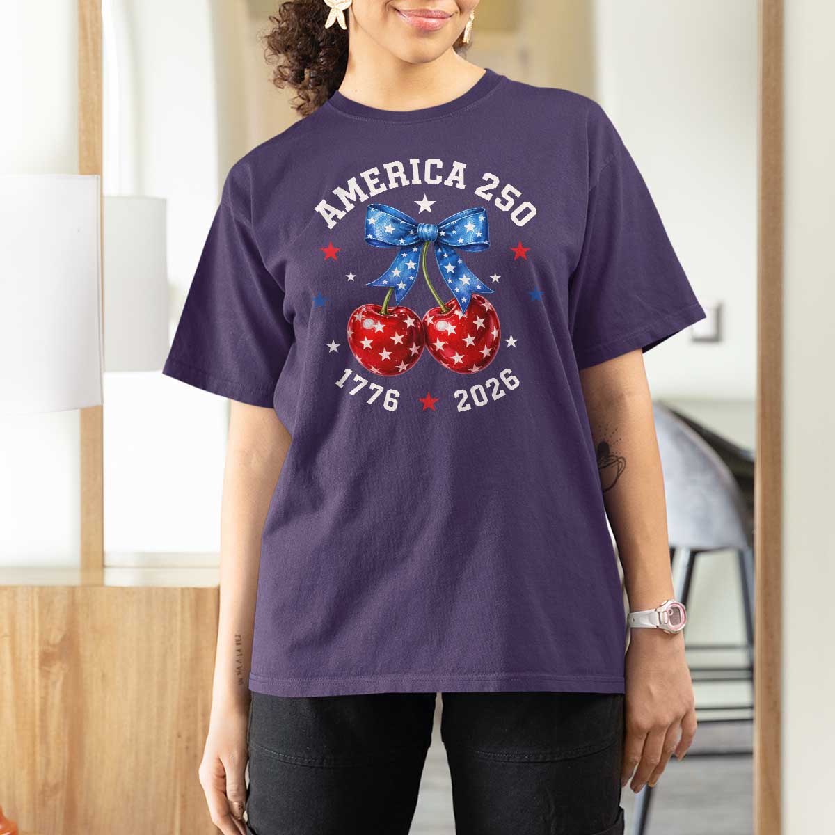 250 Anniversary USA T Shirt For Women Cherry Coquette Bow 4th Of July 1776 2026 250th Birthday
