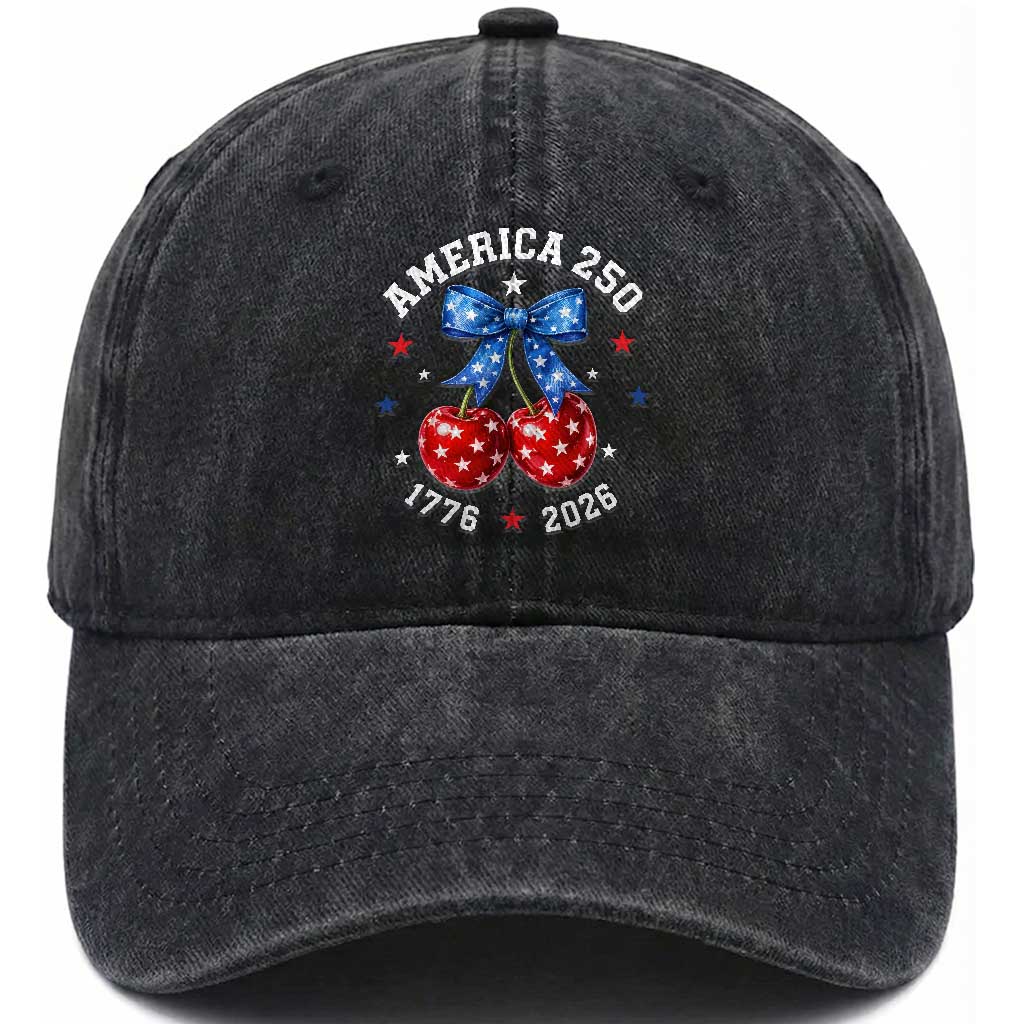250 Anniversary USA Washed Cotton Baseball Cap Cherry Coquette Bow 4th Of July 1776 2026 250th Birthday