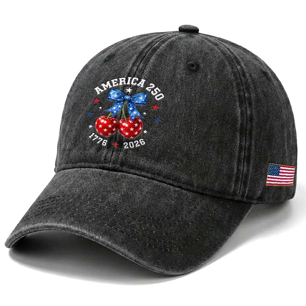 250 Anniversary USA Washed Cotton Baseball Cap Cherry Coquette Bow 4th Of July 1776 2026 250th Birthday