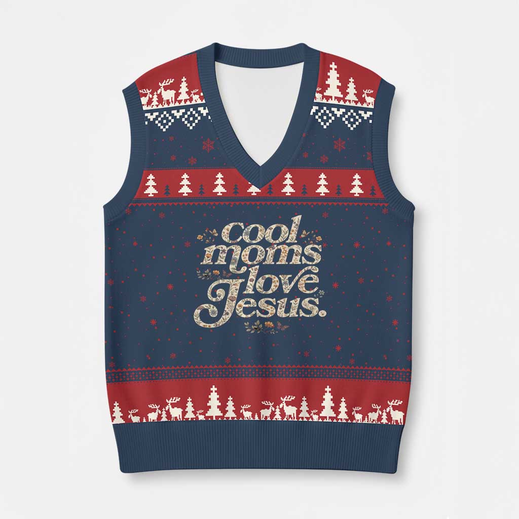 Cool Moms Love Jesus V-Neck Knit Sweater Vest Vintage Floral Boho Wildflower Christian Mama Mothers Day