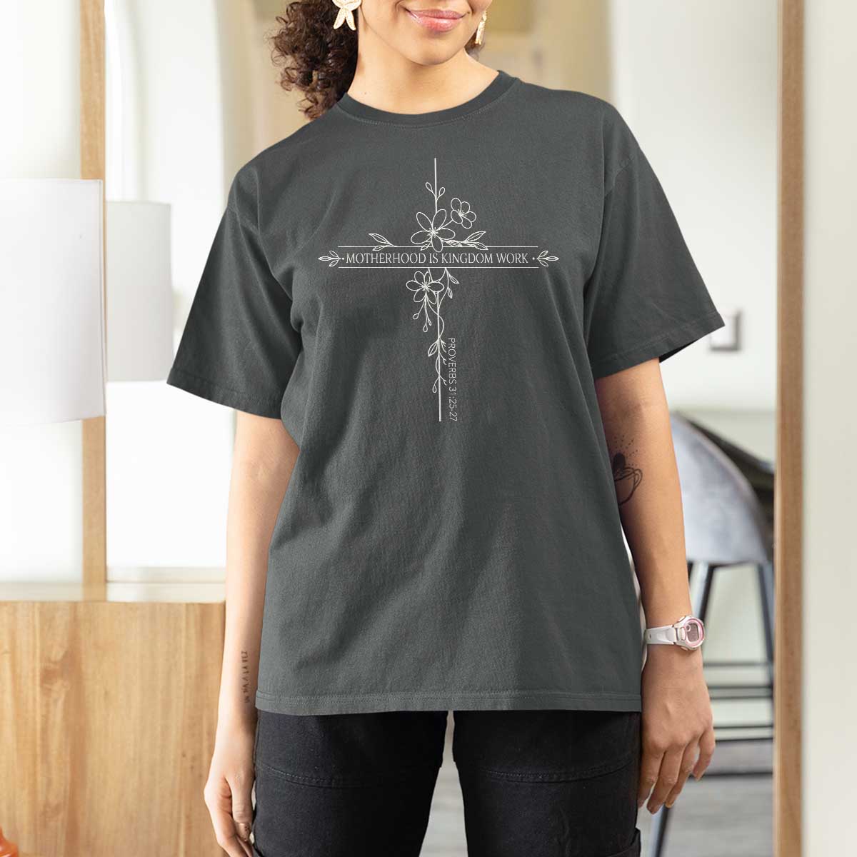 Motherhood Is Kingdom Work T Shirt For Women Floral Cross Christian Mama Mothers Day