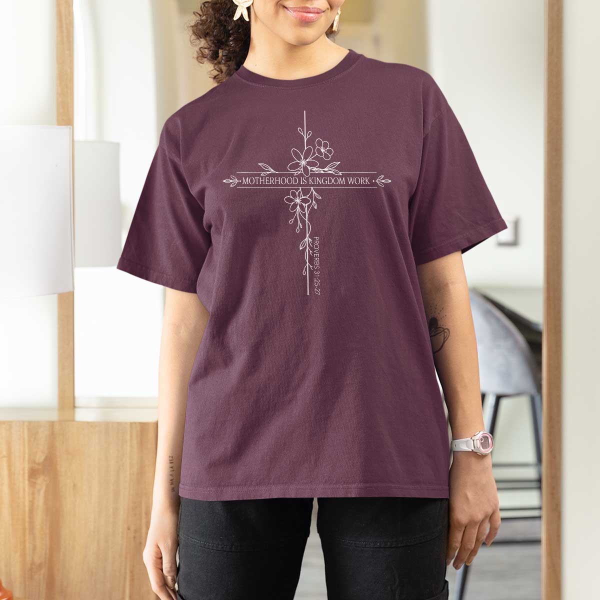 Motherhood Is Kingdom Work T Shirt For Women Floral Cross Christian Mama Mothers Day