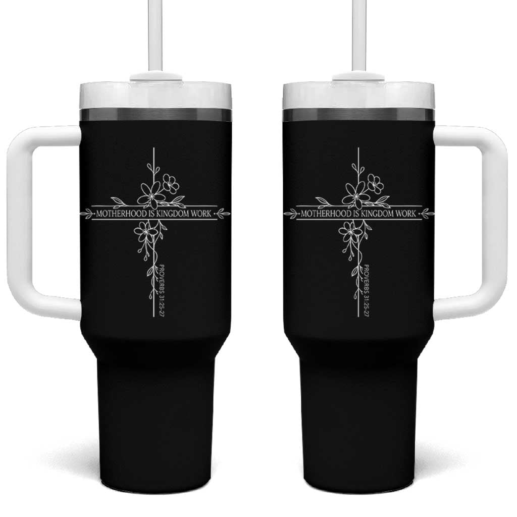 Motherhood Is Kingdom Work Tumbler With Handle Floral Cross Christian Mama Mothers Day