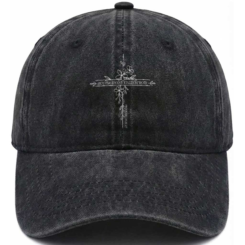 Motherhood Is Kingdom Work Washed Cotton Baseball Cap Floral Cross Christian Mama Mothers Day