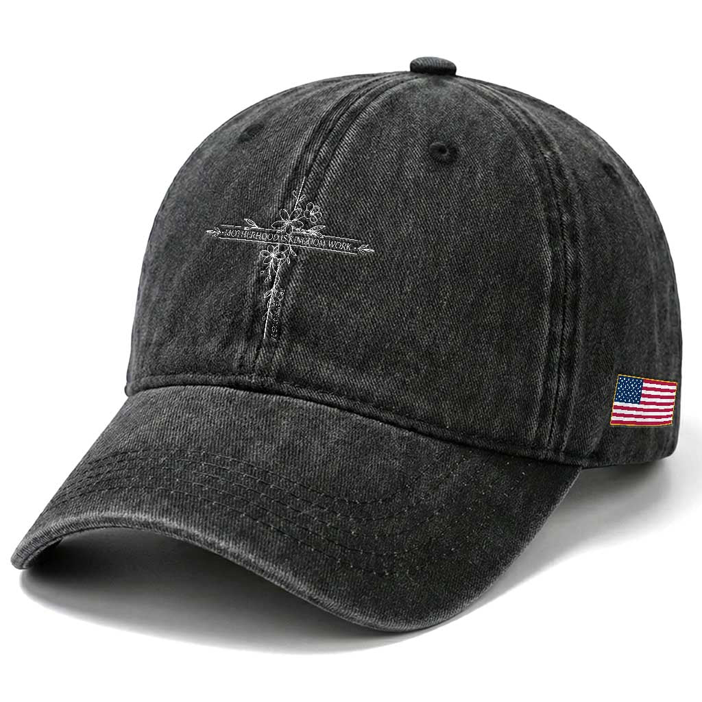 Motherhood Is Kingdom Work Washed Cotton Baseball Cap Floral Cross Christian Mama Mothers Day