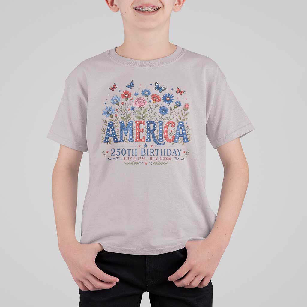 Floral 250th Anniversary T Shirt For Kid Wildflower Independence Day 250 Years Birthday 1776 2026