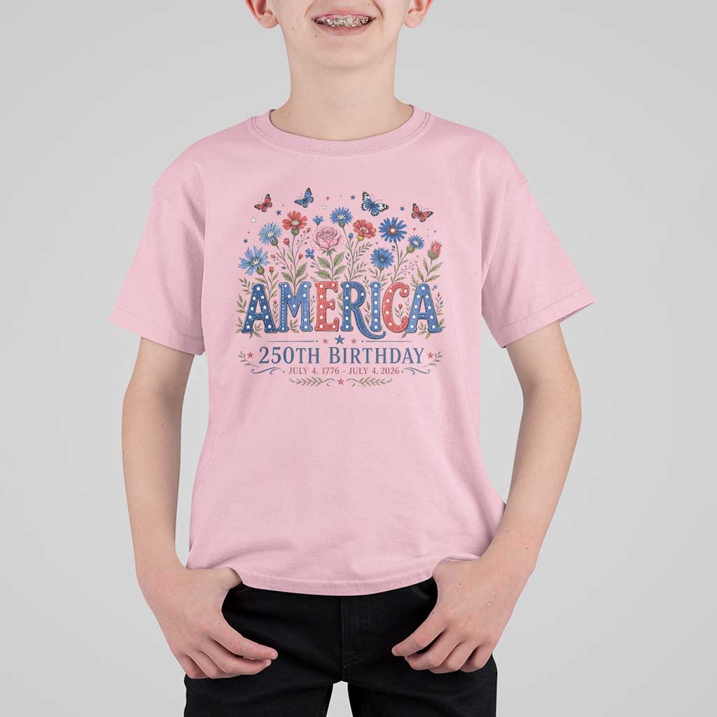 Floral 250th Anniversary T Shirt For Kid Wildflower Independence Day 250 Years Birthday 1776 2026