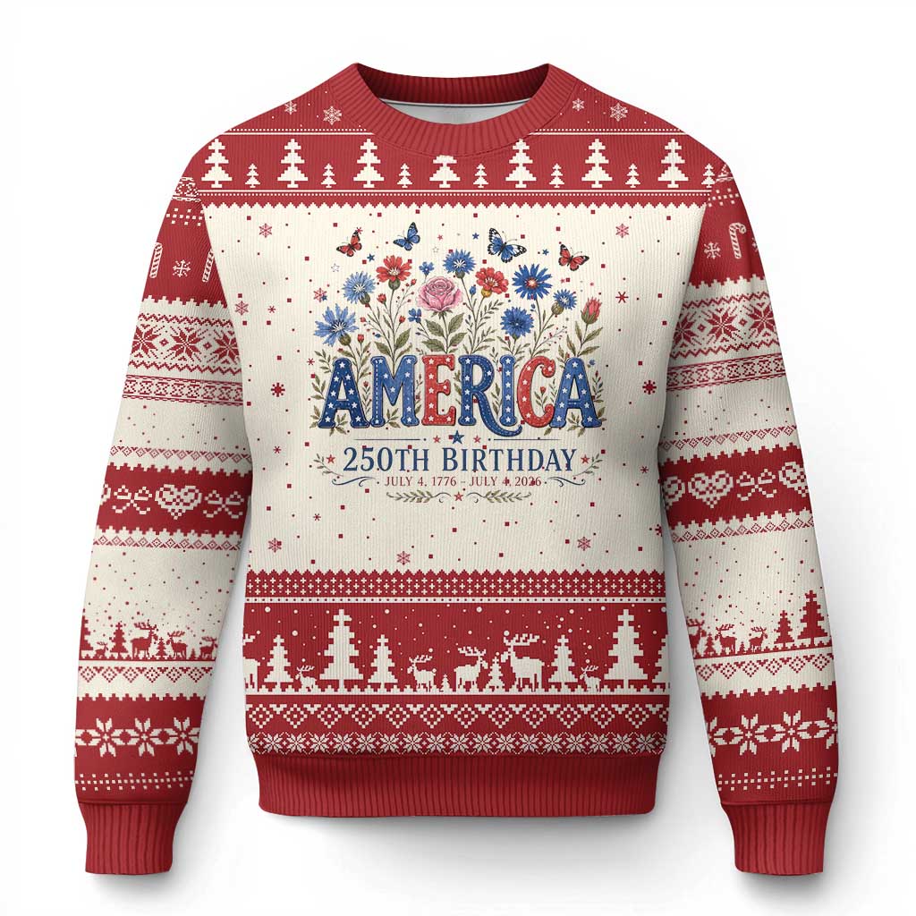 Floral 250th Anniversary Ugly Christmas Sweater Wildflower Independence Day 250 Years Birthday 1776 2026