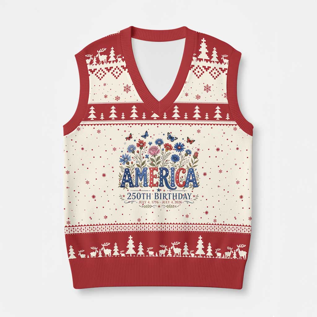 Floral 250th Anniversary V-Neck Knit Sweater Vest Wildflower Independence Day 250 Years Birthday 1776 2026