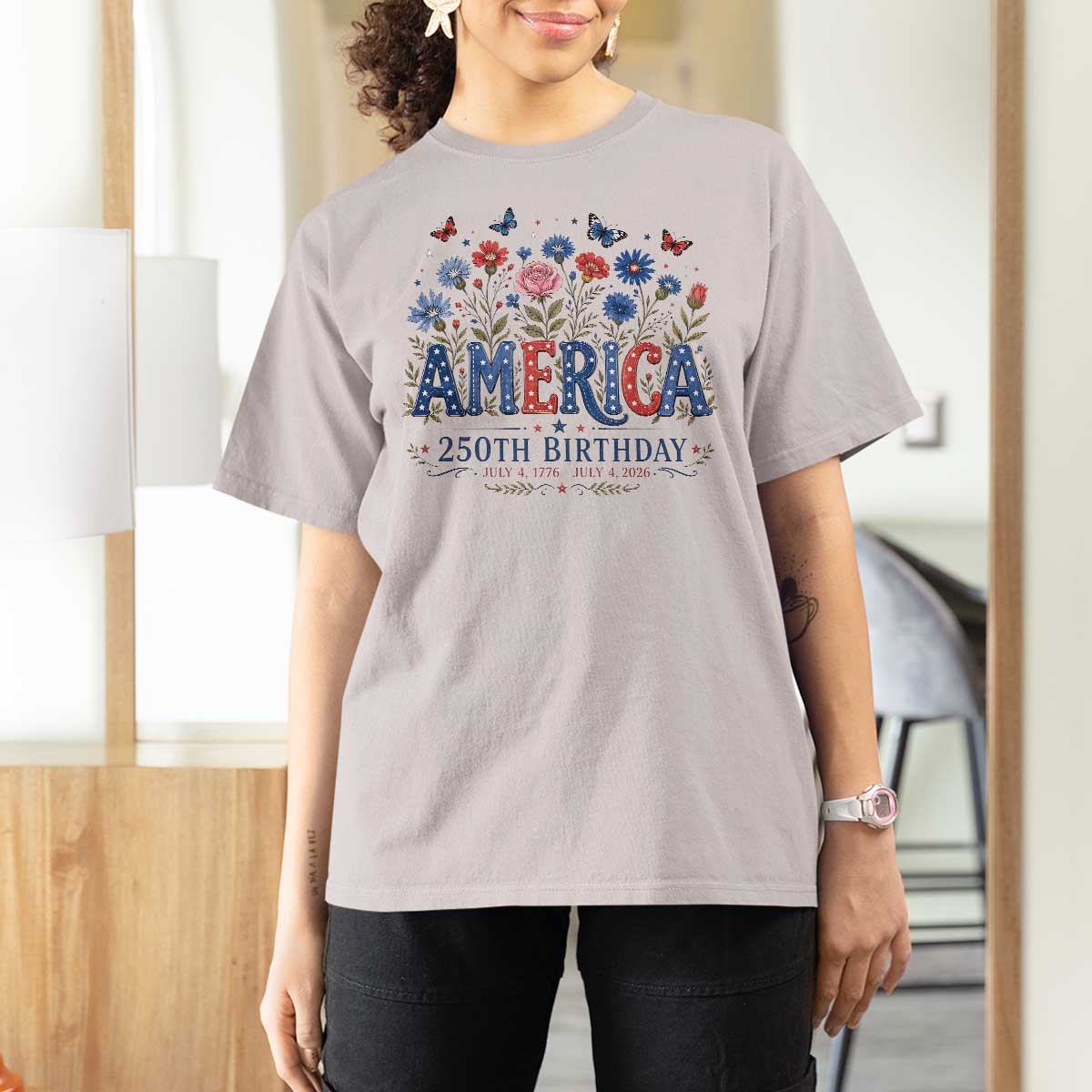 Floral 250th Anniversary T Shirt For Women Wildflower Independence Day 250 Years Birthday 1776 2026
