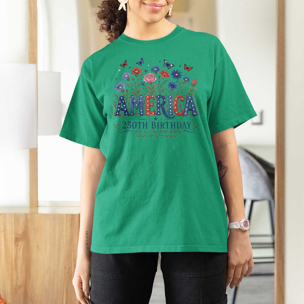 Floral 250th Anniversary T Shirt For Women Wildflower Independence Day 250 Years Birthday 1776 2026