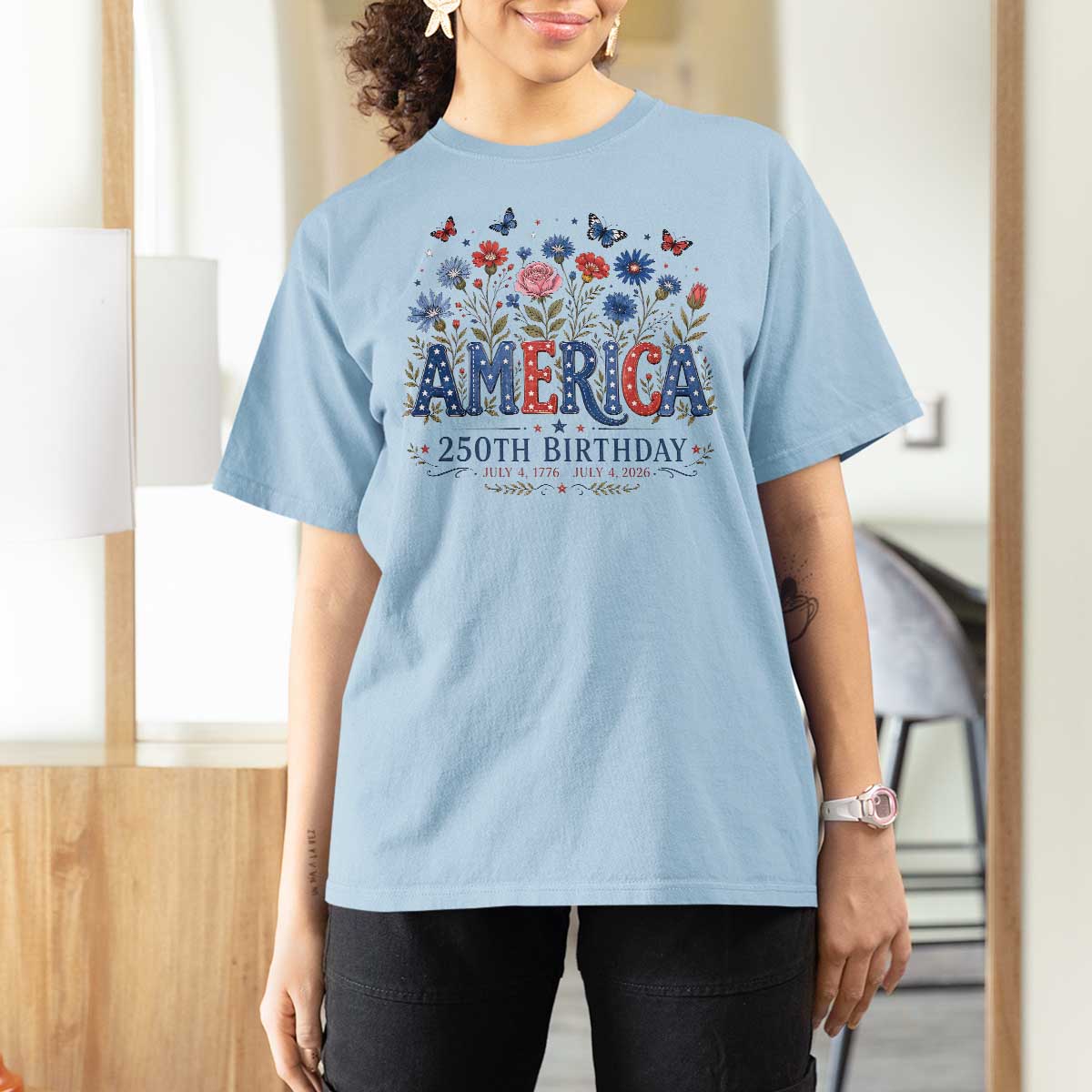 Floral 250th Anniversary T Shirt For Women Wildflower Independence Day 250 Years Birthday 1776 2026