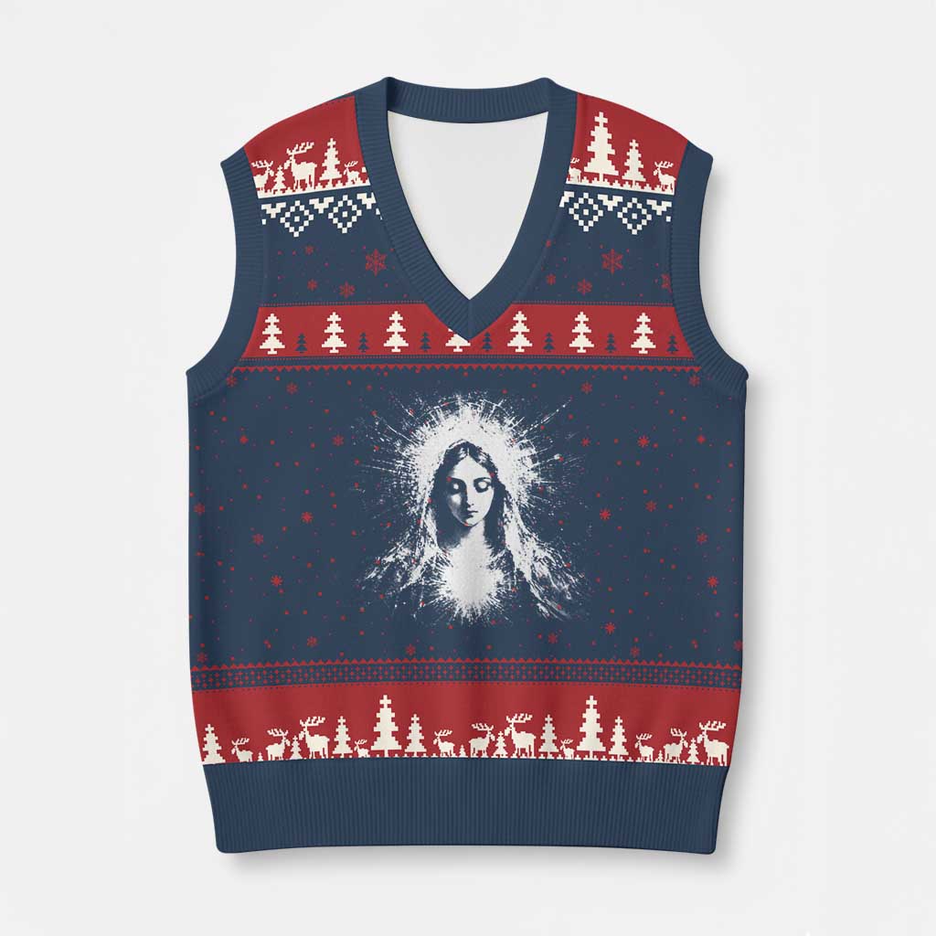 Catholic Virgin Mary V-Neck Knit Sweater Vest Vintage Marian Face Christian Our Lady