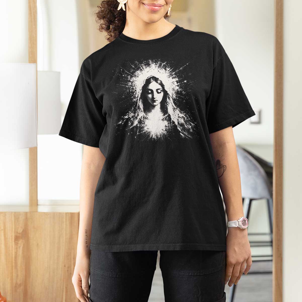 Catholic Virgin Mary T Shirt For Women Vintage Marian Face Christian Our Lady