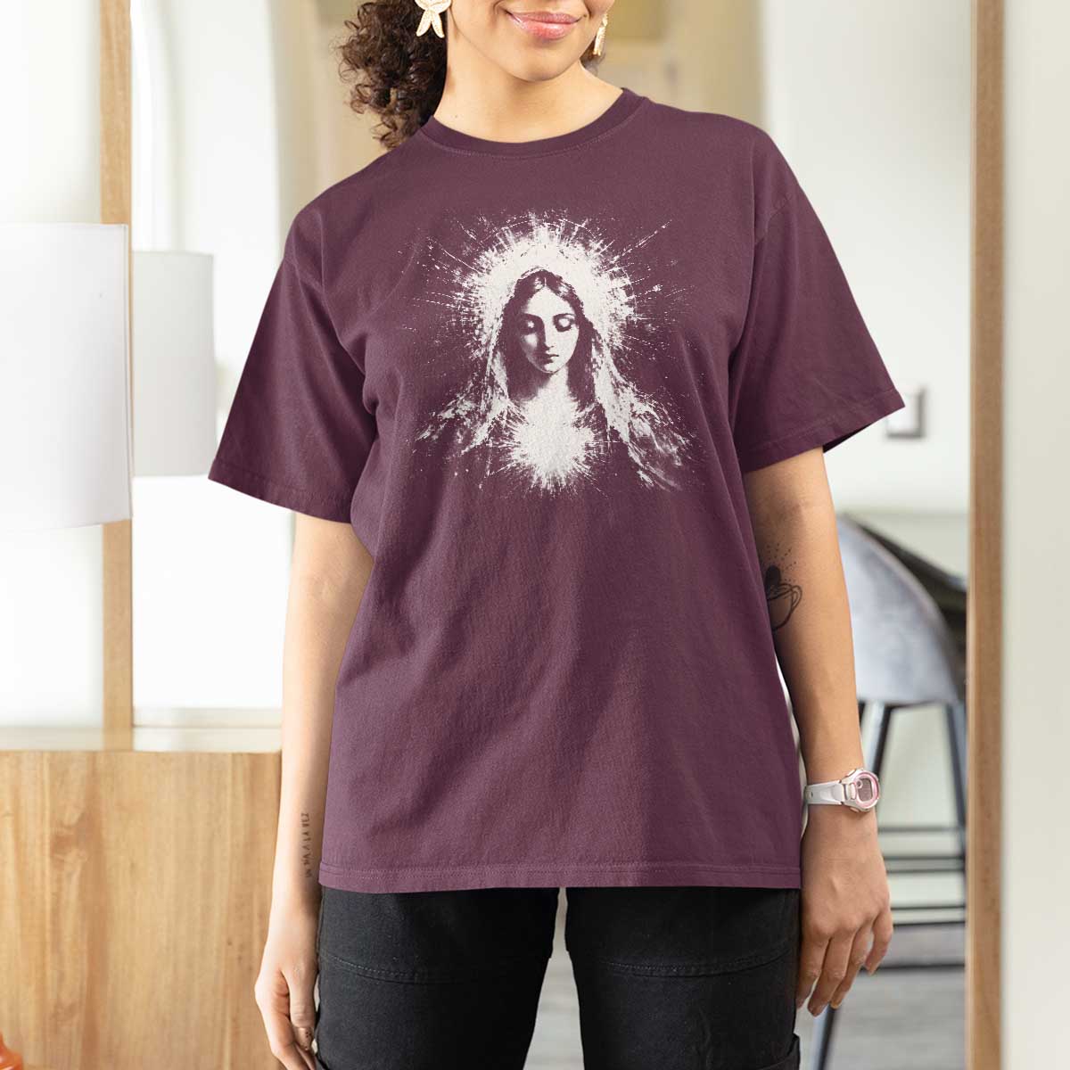 Catholic Virgin Mary T Shirt For Women Vintage Marian Face Christian Our Lady