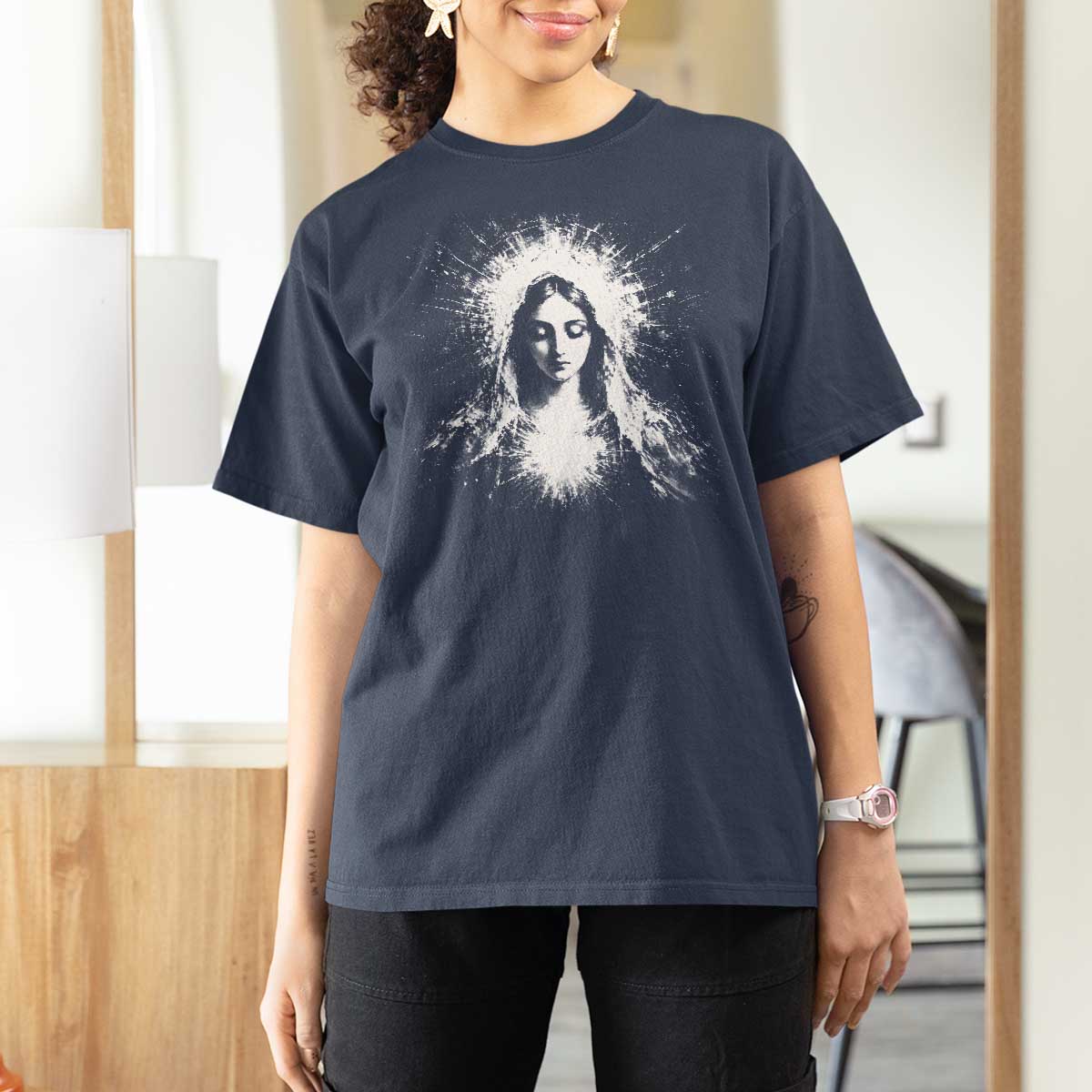Catholic Virgin Mary T Shirt For Women Vintage Marian Face Christian Our Lady