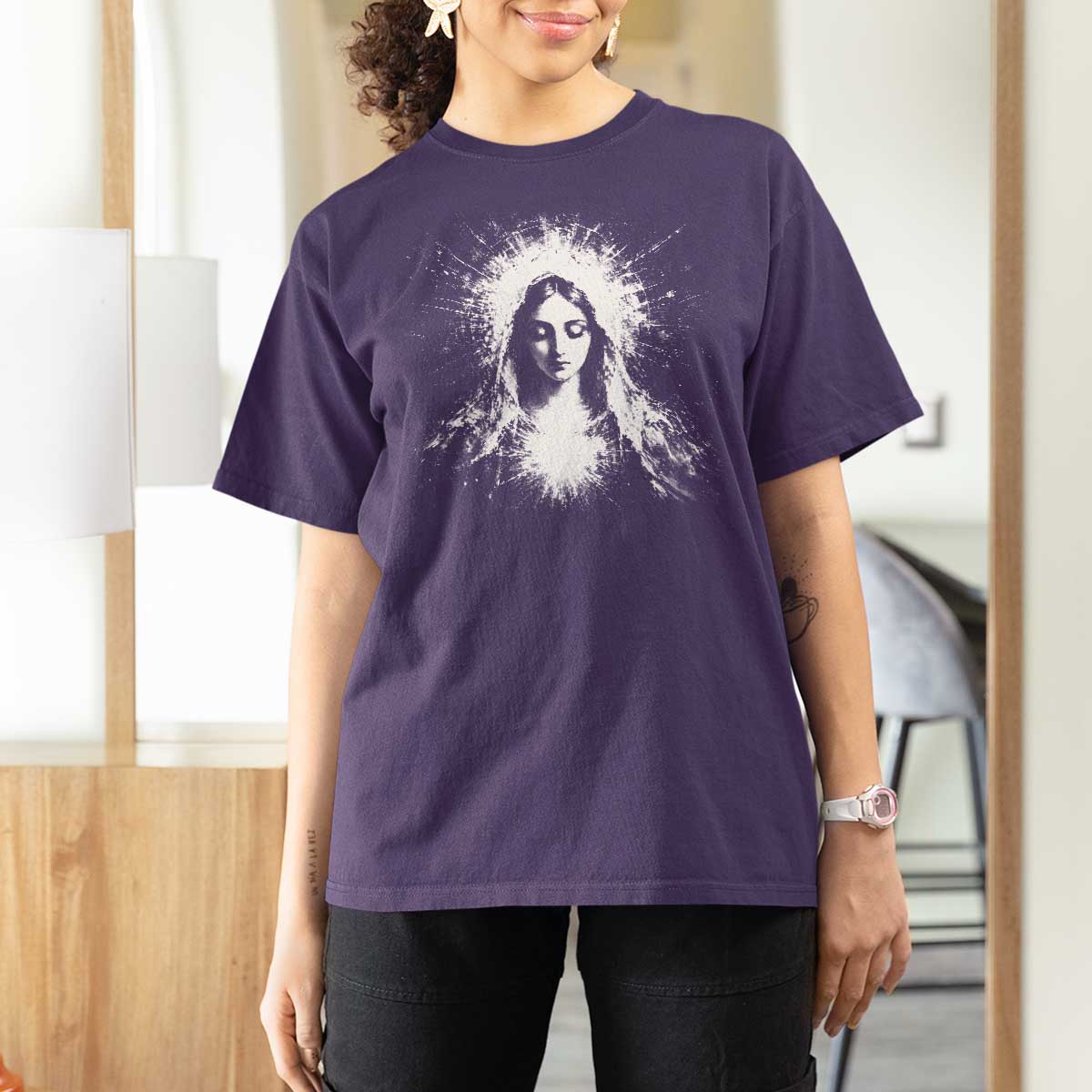 Catholic Virgin Mary T Shirt For Women Vintage Marian Face Christian Our Lady