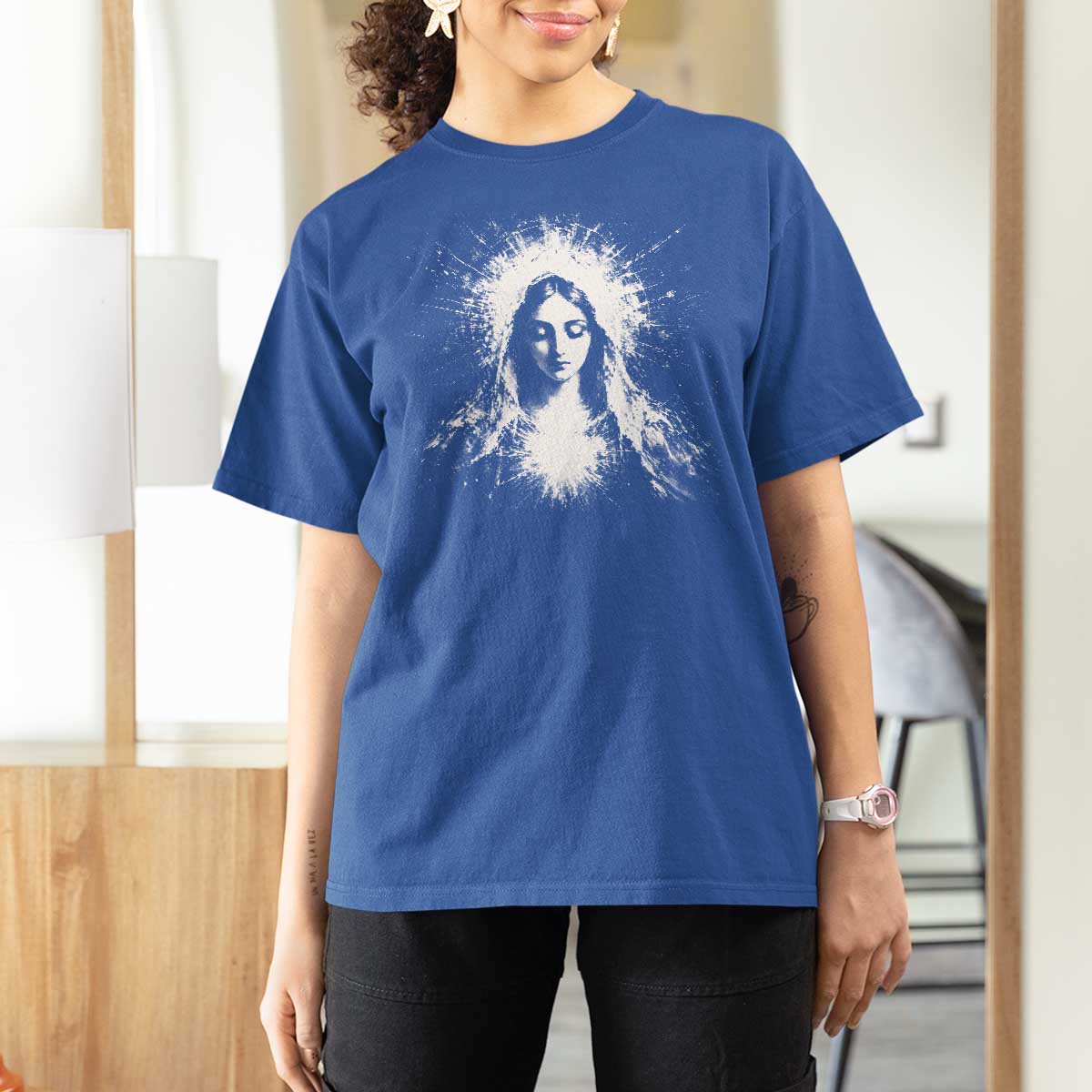 Catholic Virgin Mary T Shirt For Women Vintage Marian Face Christian Our Lady