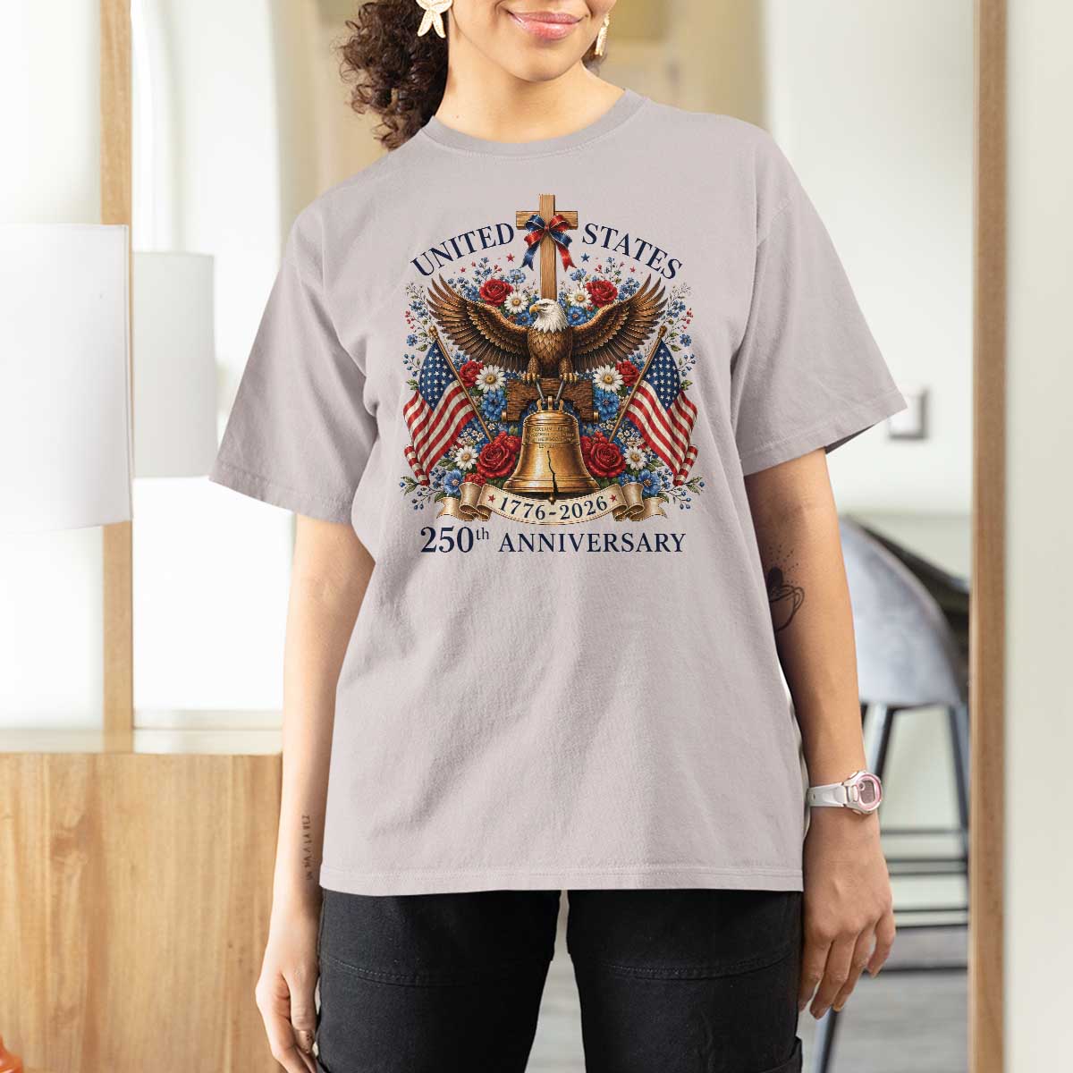 250 Anniversary USA Patriotic Eagle T Shirt For Women Flower 250th Birthday 4th Of July 2026