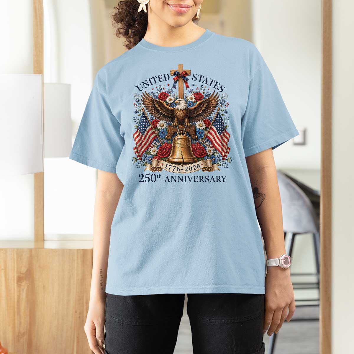 250 Anniversary USA Patriotic Eagle T Shirt For Women Flower 250th Birthday 4th Of July 2026