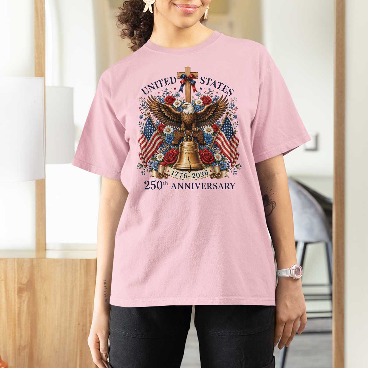 250 Anniversary USA Patriotic Eagle T Shirt For Women Flower 250th Birthday 4th Of July 2026