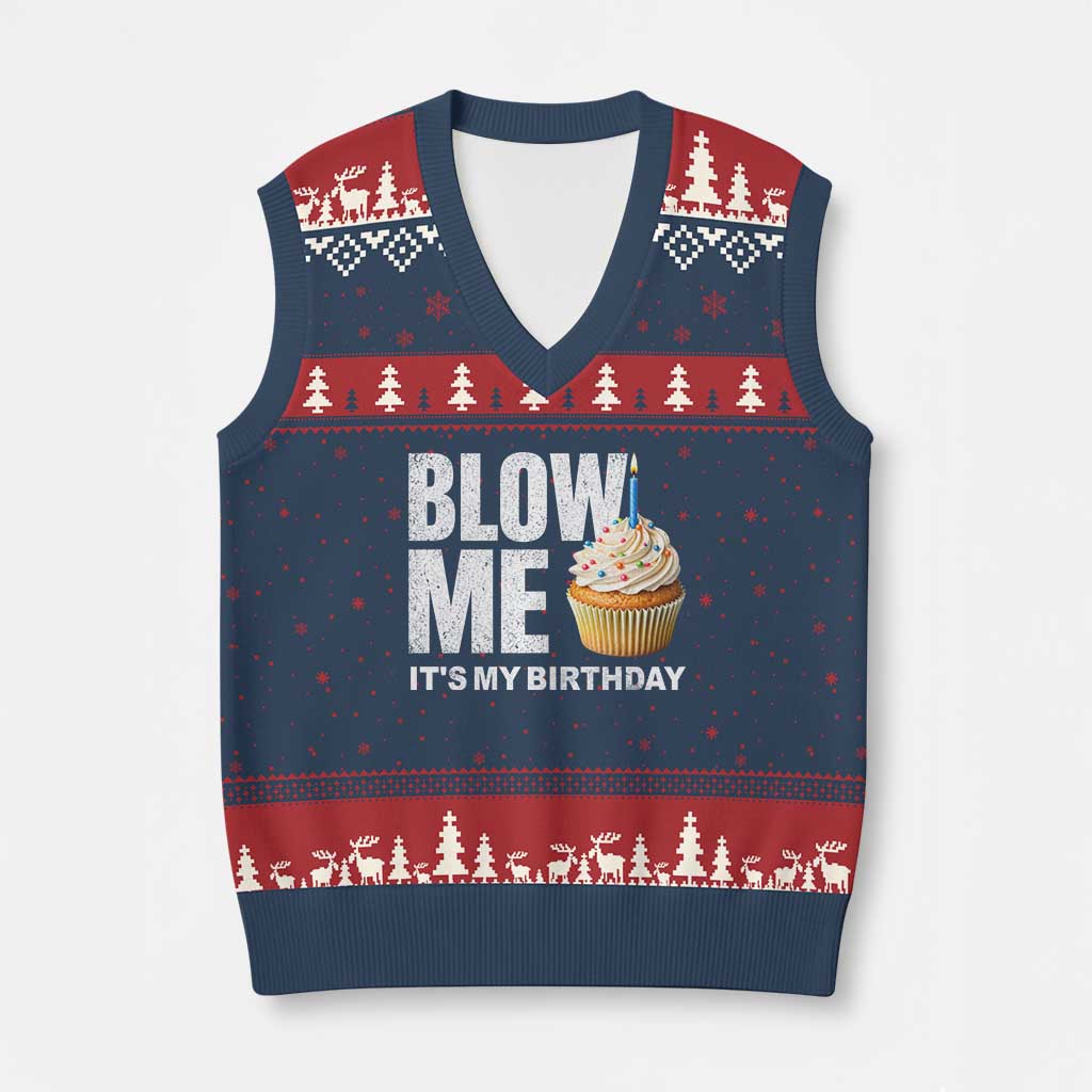 Blow Me Its My Birthday V-Neck Knit Sweater Vest Funny Adult Humor Dirty Jokes Bday Gag Gifts