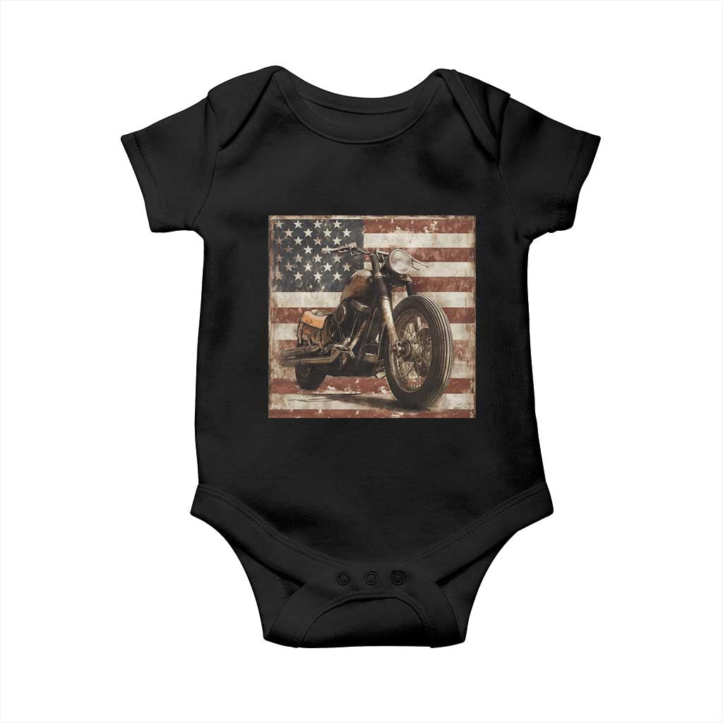 American Flag Motorcycle Baby Onesie Vintage Retro Biker USA 4th of July - Wonder Print Shop