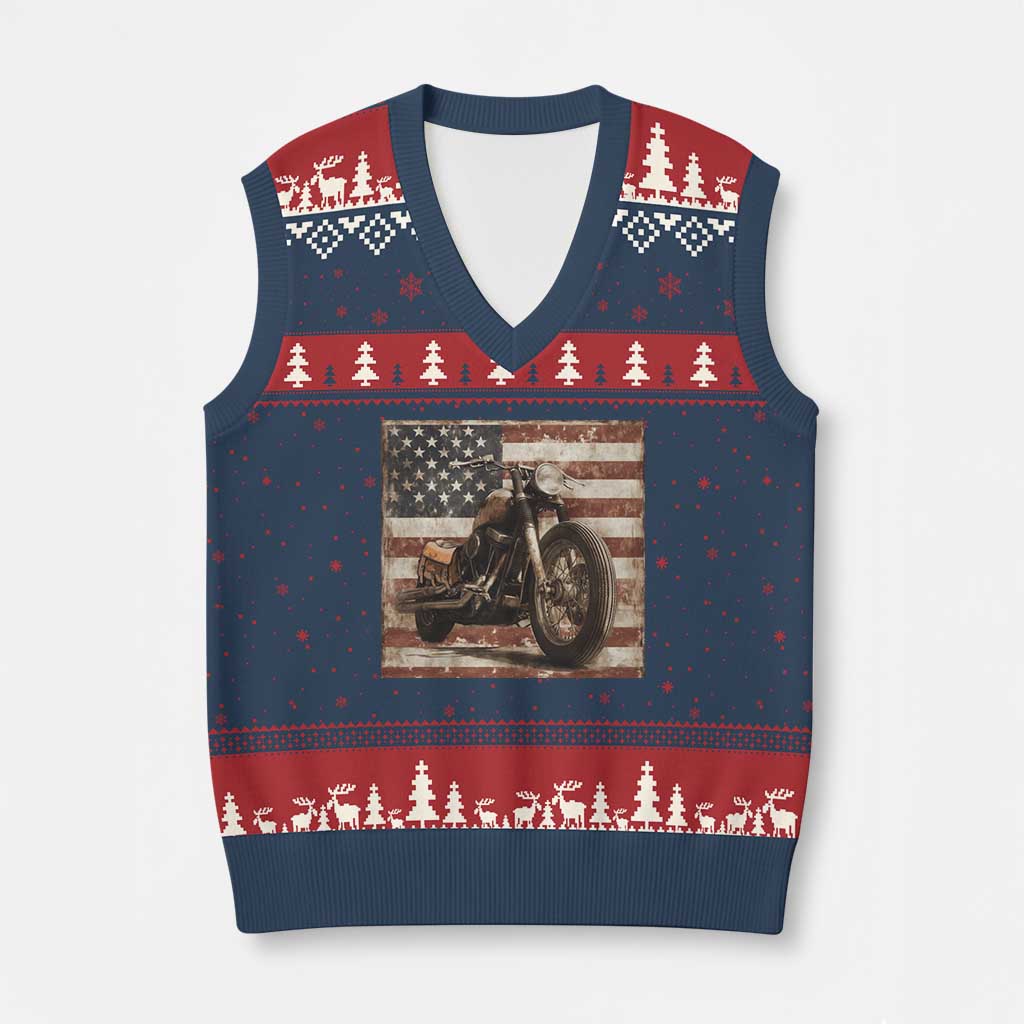 American Flag Motorcycle V-Neck Knit Sweater Vest Vintage Retro Biker USA 4th of July - Wonder Print Shop