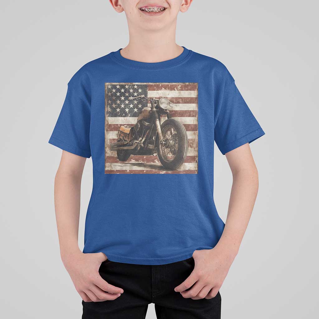 American Flag Motorcycle T Shirt For Kid Vintage Retro Biker USA 4th of July - Wonder Print Shop