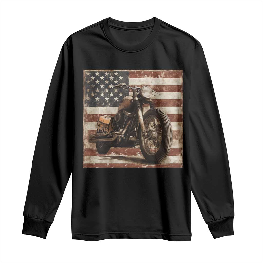 American Flag Motorcycle Long Sleeve Shirt Vintage Retro Biker USA 4th of July - Wonder Print Shop
