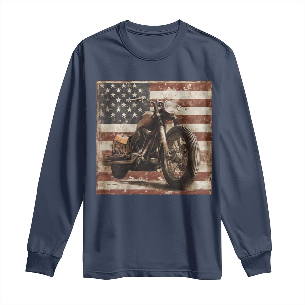 American Flag Motorcycle Long Sleeve Shirt Vintage Retro Biker USA 4th of July - Wonder Print Shop