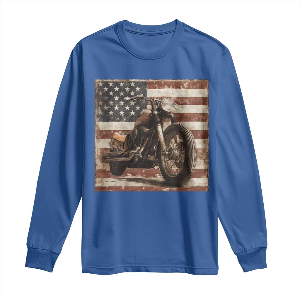 American Flag Motorcycle Long Sleeve Shirt Vintage Retro Biker USA 4th of July - Wonder Print Shop
