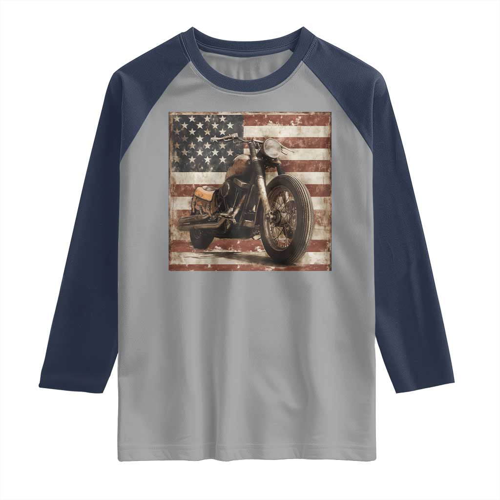 American Flag Motorcycle Raglan Shirt Vintage Retro Biker USA 4th of July - Wonder Print Shop