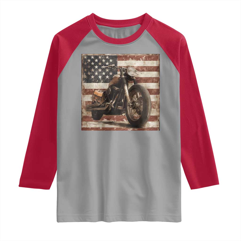 American Flag Motorcycle Raglan Shirt Vintage Retro Biker USA 4th of July - Wonder Print Shop
