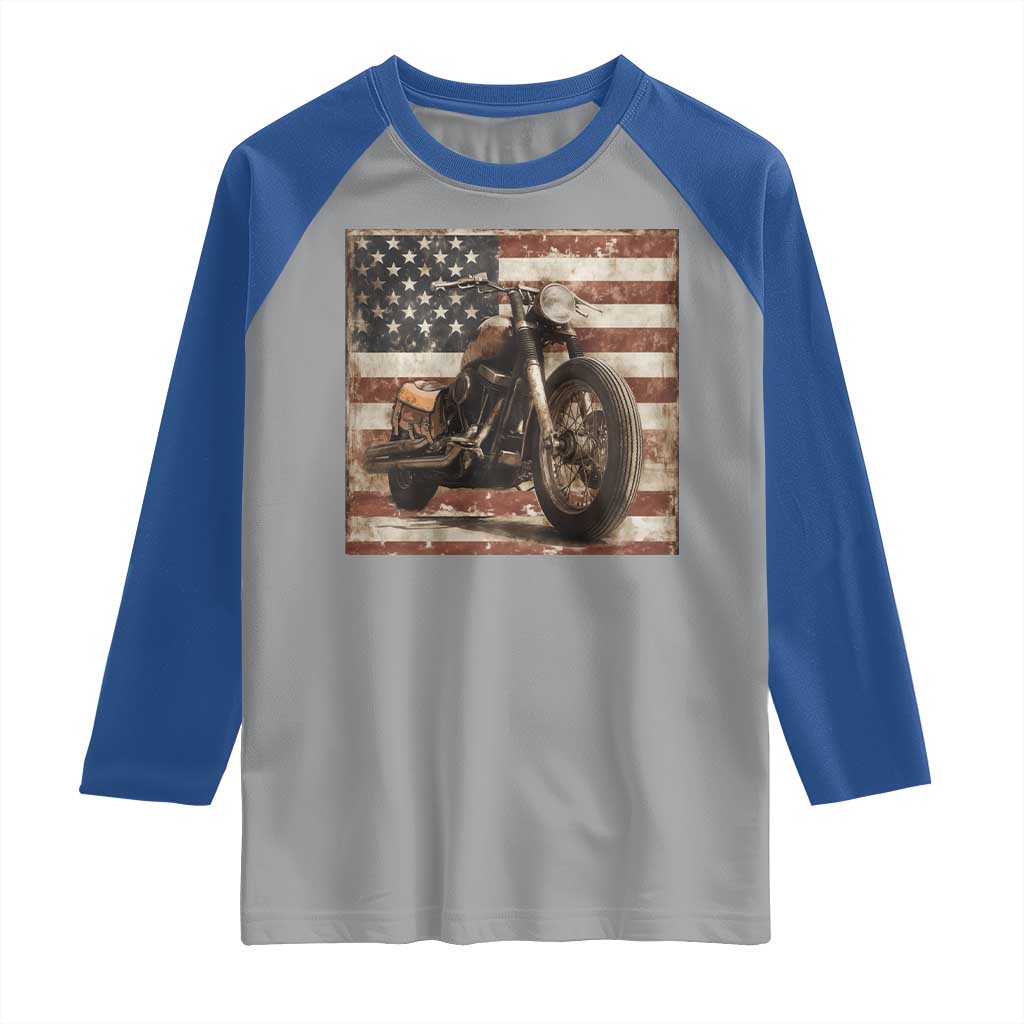 American Flag Motorcycle Raglan Shirt Vintage Retro Biker USA 4th of July - Wonder Print Shop