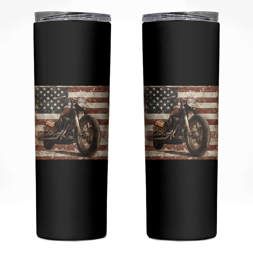American Flag Motorcycle Skinny Tumbler Vintage Retro Biker USA 4th of July - Wonder Print Shop