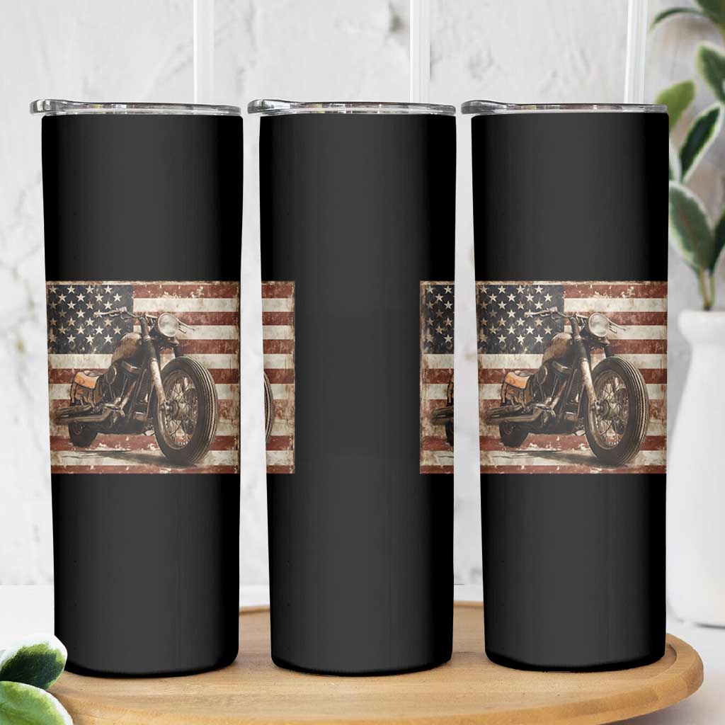 American Flag Motorcycle Skinny Tumbler Vintage Retro Biker USA 4th of July - Wonder Print Shop