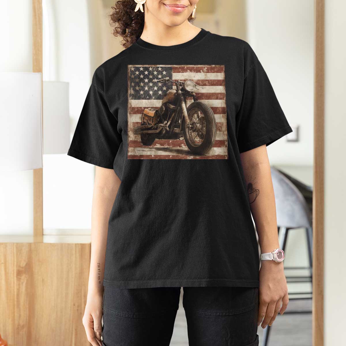American Flag Motorcycle T Shirt For Women Vintage Retro Biker USA 4th of July - Wonder Print Shop