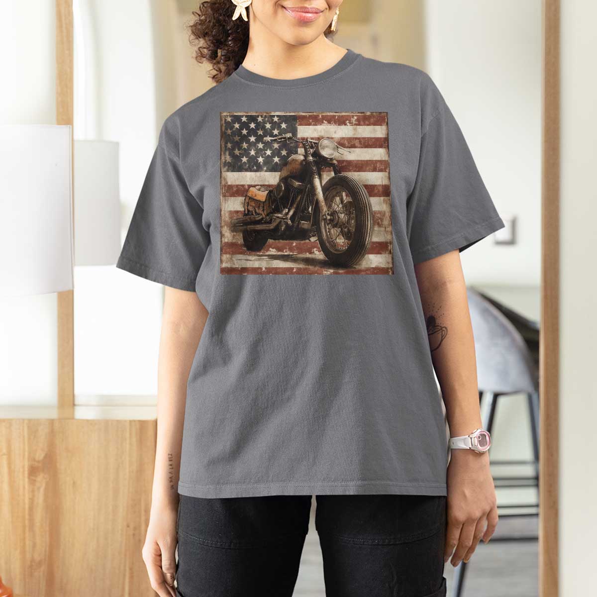 American Flag Motorcycle T Shirt For Women Vintage Retro Biker USA 4th of July - Wonder Print Shop